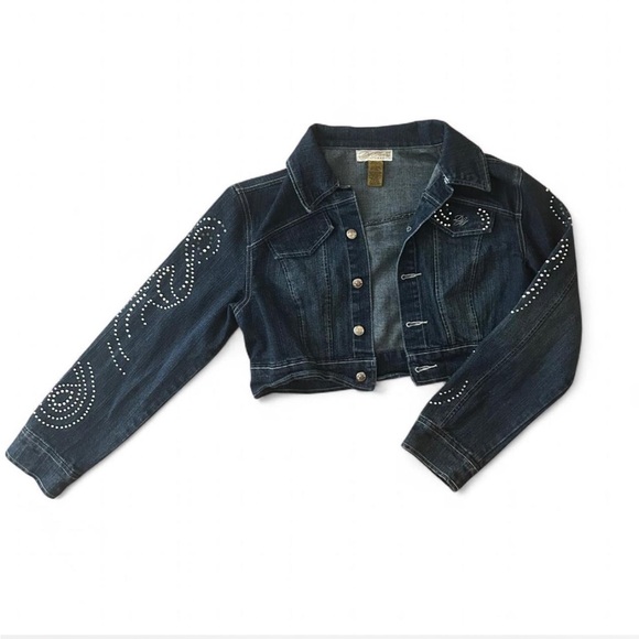 Def Jam University Jackets & Blazers - Women's Dark Blue Crop Denim Jacket with Rhinestone Details